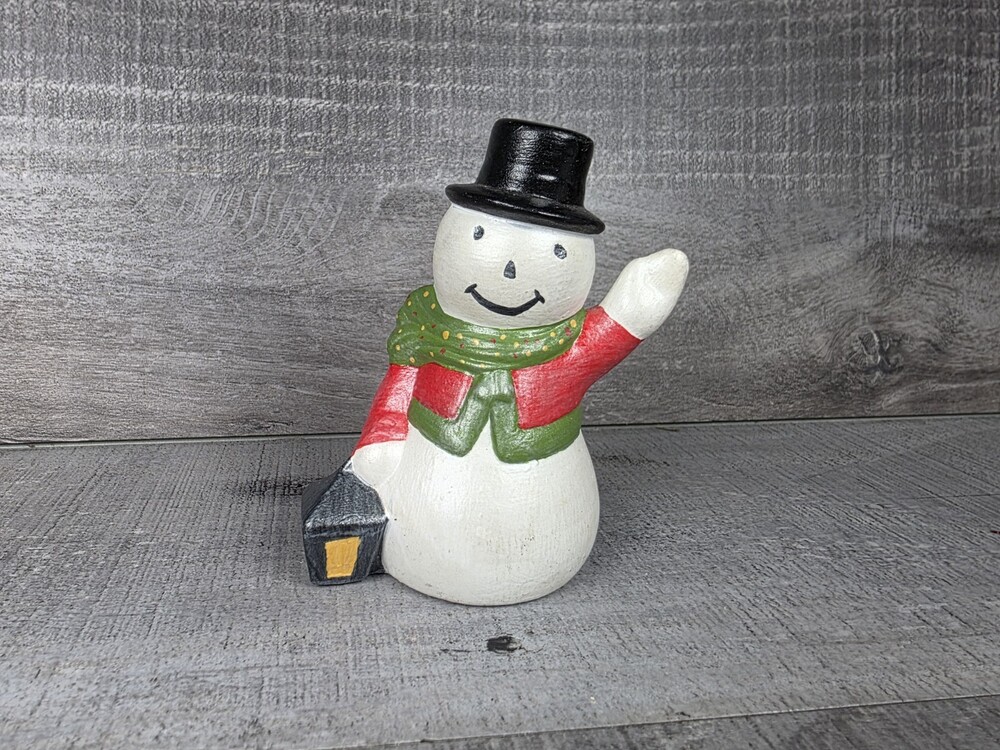Snowman Figure Ceramic Vintage Waving Lantern Hand Painted 4” Red g77h4